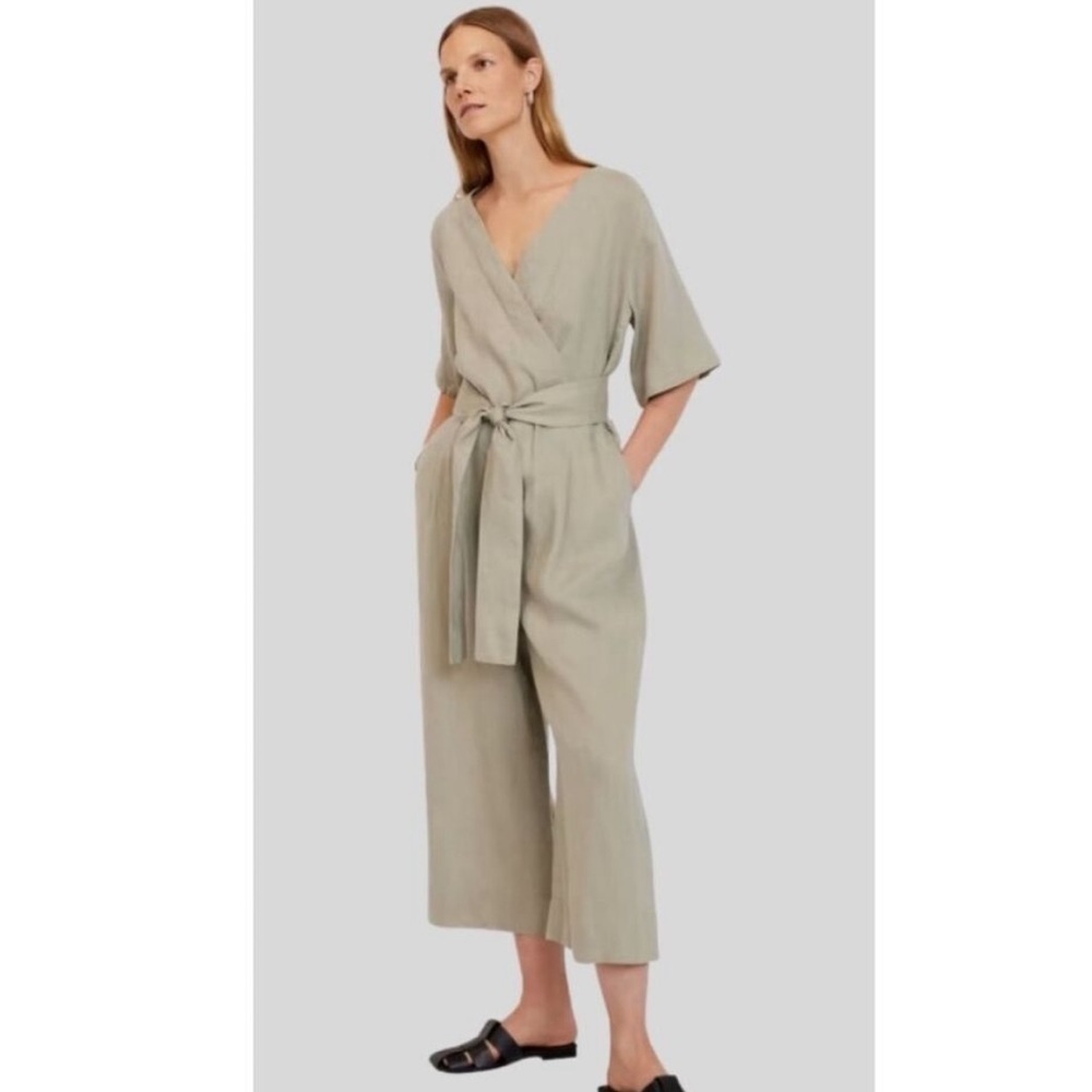 Everlane The Linen Cross Front Green Wrap Jumpsuit
